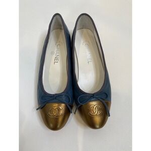 Chanel Blue Quilted Leather Italian Ballet Flats w/ Bronze Toe & Bow EUC Sz 38
